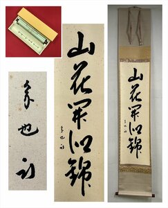 【千寿】表千家 久田家十二世家元 久田宗也（尋牛斎）山花開以錦 一行書 紙本 d718◆箱/茶道具/古美術/時代品/掛軸/100025495