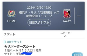 横浜Ｆマリノス−浦和レッズ／サポーターズシート10/30／19:00〜／日産スタジアム／19列で前は通路で足元広々／通路側席