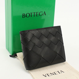 中古良品ボッテガヴェネタBOTTEGA VENETA イントレチャート 二つ折りウォレット レザー ブラック ランク：A us-2 メンズ