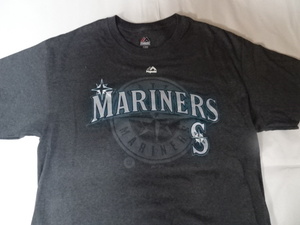 激レア USA購入 マジェスティック【Majestic】製 MLB シアトル マリナーズ【Seattle Mariners】ロゴプリント丈短TシャツUS L 中古良品