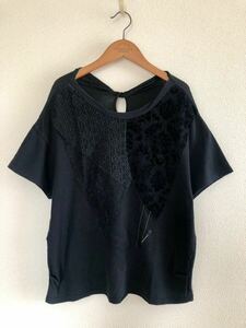 Wafflish Waffle ワッフリッシュワッフル 異素材デザイン オシャレ カットソー プルオーバー Tシャツ 半袖 レース ブラック 黒　日本製 　