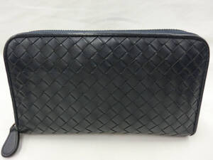 ‡ 0251 BOTTEGA VENETA ボッテガヴェネタ イントレチャート 長財布 ラウンド ネイビー レザー ラウンドジップウォレット イタリア 中古品