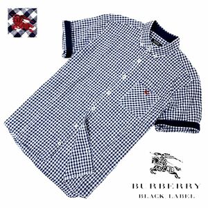 希少! 極美品 バーバリーブラックレーベル BIGホース刺繍 ギンガムチェック リネン ロールアップ 2WAY シャツ 2/M 紺 BURBERRY BLACK LABEL