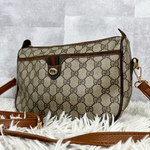 美品 OLD GUCCI オールドグッチ シェリーライン インターロッキング ショルダーバッグ クロスボディ 斜めがけ 肩掛け PVC レザー GG 茶