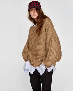 【美品】ZARA ザラ ニット プルオーバー ベージュ セーター ボリューム オーバーサイズ ウール モヘヤ混合 M