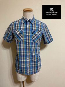 【美品】 BURBERRY BLACK LABEL バーバリーブラックレーベル タータンチェック シャツ トップス サイズ2 半袖 青系 三陽商会 D1M17-316-24