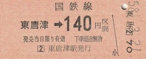 Q009.筑肥線　東唐津⇒140円区間　昭和58年3月21日【未使用券：旧駅舎営業最終日】