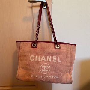 【極美品】 CHANEL シャネル ココマーク トートバッグ ハンド ショルダー キャンバス ドーヴィル チェーン ピンク系 レディース 大容量