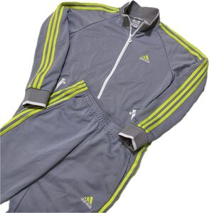 美品 Lサイズ adidas アディダス トレーニングウェア 上下セット セットアップ ジャージ 3本ライン スポーツ グレー イエロー ランニング