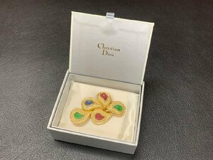 【O-6581】Christian Dior ディオール ブローチ ピン ゴールドカラー ラインストーン アクセサリー 箱付 東京引取可【千円市場】