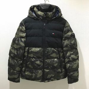 美品☆TOMMY HILFIGER/トミーヒルフィガー☆ダウンジャケット☆カモ柄/迷彩☆中綿/防寒☆パーカー/ブルゾン/カーキ×ブラック/L