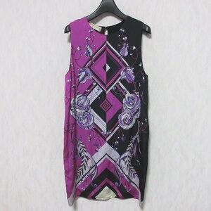 良品 EMILIO PUCCI エミリオプッチ 花柄 シルク100％ ノースリーブ ワンピース 36RL38 38 パープル ブラック ◆