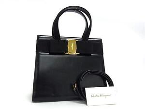 1円 ■極美品■ Salvatore Ferragamo フェラガモ BA214178 ヴァラリボン レザー 2WAY ハンドバッグ ショルダー ブラック系 FJ2677