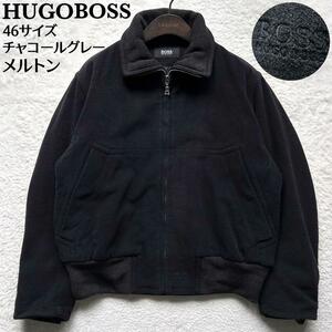 【幻の逸品　激レア】HUGO BOSS　ヒューゴボス　ウールブルゾン　スイングトップ　ラムウール　ロゴ刺繍　ハイネック　チャコールグレー　M