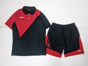 2．ミズノ MIZUNO 速乾 2点 セット ジャージ MCライン バイカラー ポロシャツ ハーフパンツ トレーニングウェア上下 メンズL 黒赤 x404