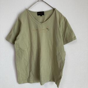 【美品】GANNI VALENTINO（L）VネックTシャツ＊センターロゴ＊刺繍＊ストレッチ