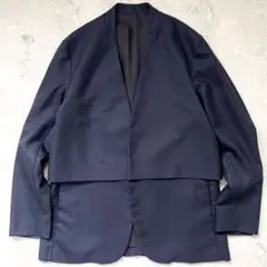 【エトセンス】美品 日本製ウールモヘヤ デザイン ノーカラージャケット ネイビー