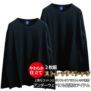 L/新品 無地 Tシャツ 長袖 カットソー ロンT フライス 2枚セット ビッグシルエット ストレッチ まとめ売り ブラック as3018