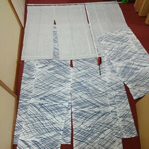 5990●同梱NG 暖簾 浴衣着物リメイク作品 古布 木綿 白×青 まとめて5点セット71×80.5/90.5×129/73.5×81/42×80/43×81cm目隠し間仕切り