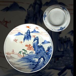 時代品 鍋島 色鍋島 染錦 中皿 山水人物図 懐石道具 古伊万里 古美術品 骨董 本時代