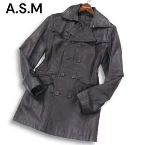 A.S.M アトリエサブ メン 秋冬 本革★ リアル レザー ベルテッド トレンチ コート Sz.50　メンズ 黒　I4T03699_B#N