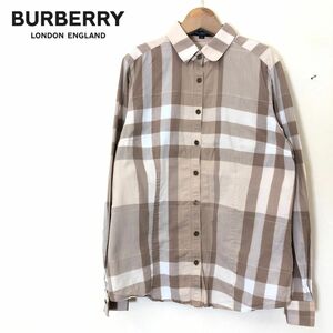 R486-F◆ BURBERRY LONDON バーバリー 長袖シャツ ブラウス チェック 総柄 ◆ size38 コットン100 ブラウン 古着 レディース