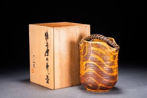 【善古堂】某有名オークション買入 時代物 備前焼 在銘 掛花瓶 花入 花生 共箱 和風インテリア 骨董品 古美術1225-245S01