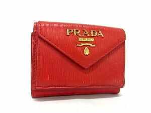 1円 PRADA プラダ レザー 三つ折り 財布 ウォレット 小銭入れ 札入れ レディース レッド系 FJ0711