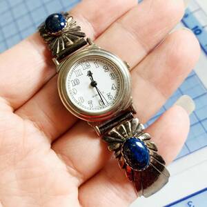 ヴィンテージ　シルバー銀製　天然ラビスラズリ　ジャパンムーブ　レディース腕時計　バングル　可動品　約32g　NO.S388
