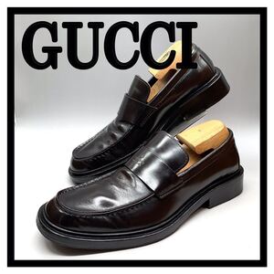 GUCCI [グッチ] ロゴ刻印入り ドレスシューズ ローファー スリッポン レザー ブラウン 40 25cm 革靴 シューズ ビジネス イタリア製 メンズ