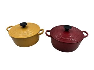 1円スタート LE CREUSET ル・クルーゼ ココット・ロンド 2個セット 両手鍋 ホーロー 食器 本体 調理道具 蓋付き イエロー レッド 調理器具