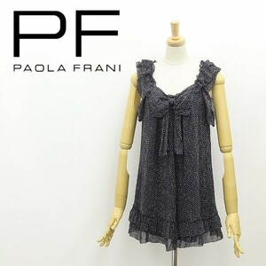 ◆PAOLA FRANI パオラフラーニ シルク100％ ドット柄 シフォン フリル リボン ノースリーブ チュニック 黒 ブラック×ホワイト 40