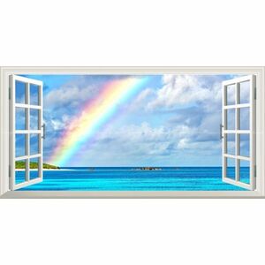 【パノラマ窓仕様】沖縄の海景色 幻想的な虹のアーチ 波照間島ニシノ浜のレインボー 壁紙ポスター 1152mm×576mm はがせるシール式 M010MS1