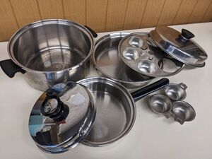 ii604● Amway Queen/アムウェイ クイーン まとめて３点 multi ply 18/8 STAINLESS STEEL 両手鍋 片手鍋 深鍋 仕切り板 万能カップ付/140