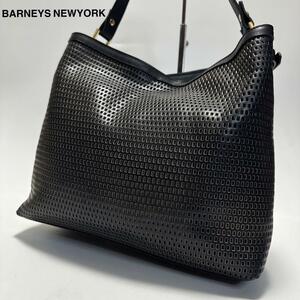 c20【極美品】バーニーズニューヨーク　BARNEYS NEWYORK　レザー　メッシュ　パンチング　ブラック　黒　ハンドバッグ ワンショルダー A4可