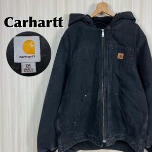 ☆希少☆メキシコ製☆Carhartt カーハート 革ロゴ フリース裏地 ダックパーカー アクティブジャケット カバーオール 2XL ブラック 黒 古着