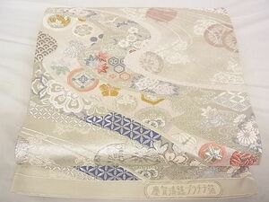 平和屋-こころ店■六通柄袋帯　流水花鳥文　糸巻　慶賀清鏡プラチナ箔　正絹　逸品　A-ta6741