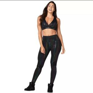 Zumba Glam High Waist Panel Ankle Leggings ズンバ　グラデーションキラキラロゴ　レギンス&タンクトップ　トップスセット　ブラック　黒