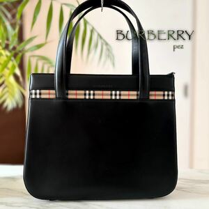 超美品 BURBERRY バーバリー レザーハンドバッグ＊ノバチェック レディース 牛革 本革 ブラック 黒 トート フォーマル 冠婚葬祭 入学卒業