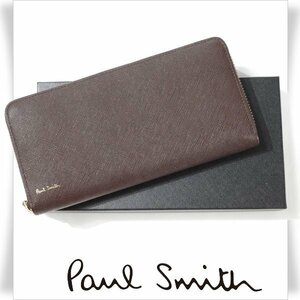 新品1円～★ポールスミス Paul Smith 箱付 牛革レザーラウンドファスナー長財布 ジップストライプ ロングウォレット ブラウン 本物◆7641◆