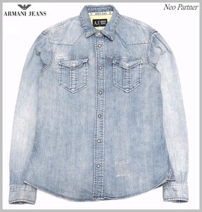 即決 美品 ARMANI JEANS アルマーニジーンズ ヴィンテージ加工 バックロゴ ストレッチ インディゴ デニムシャツ M 国内正規品 メンズ