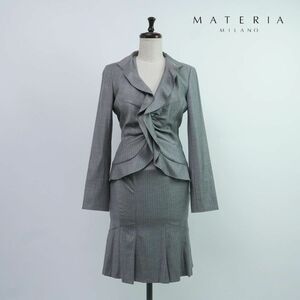 美品 MATERIA マテリア ストライプ セレモニーセットアップスーツ フリルジャケット 膝丈スカート レディース グレー サイズ36*PC455