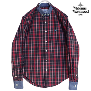 4925/美品Vivienne Westwood MANタータンチェック柄×デニム素材 長袖シャツ1size ITALY製●洗濯プレス済ネコポス可●オーブオーヴ刺繍古着