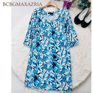 BCBGMAXAZRIA ビーシービージーマックスアズリア 総柄 ワンピース ひざ丈 七分袖 レーヨン 春夏 レディース A3565