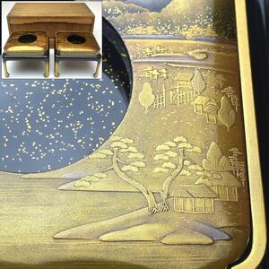 【趣楽】 希少　 時代　風景蒔絵細密小紋盃台一対　幅１０，５ｃｍ　上質蒔絵　Ｗ１９０１