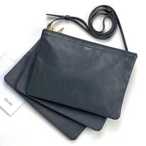 【極美品】CELINE セリーヌ トリオ スモール フィービー期 ショルダーバッグ 2way クラッチバッグ ポシェット ポーチ レザー グレー 人気