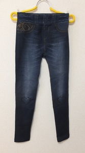 ★Stretch leggings★Ladies denim print プリント柄レディースストレッチレギンスデニムタイツ サイズL/XL　USED IN JAPAN