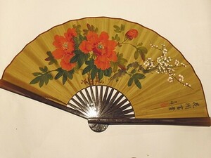 「中国大型扇子」花開富貴 吉祥 縦長さ50㎝ 手書き 1点｜中国画 扇面 唐本 中国書