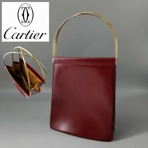 1円 美品 Cartier カルティエ トリニティ ハンドバッグ ボルドー ワインレッド 赤 メタルハンドル レザー 革 トート 肩掛け レディース