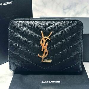 【極美品☆付属品完備】サンローラン saint laurent 二つ折り財布 キャビアスキン 金 黒ブラック Vステッチ カサンドラロゴ ウォレット